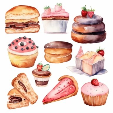 Watercolor home bakery clipart Hand drawn bakery logo design DIY Confectionary watercolor clip art Wedding cakes and cupcakes clipart