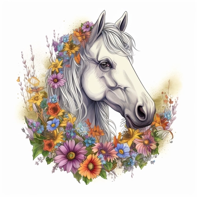 hyperrealistic, beautiful white horse head, grass and wild flowers with sun, cartoon style, no background, no shading, white background, funny and fruit, fantasy, Realistic colorful magic musroom, clipart background, sticker, drawing, fantasy, lot of details, psychedelic, no watermark, purple,