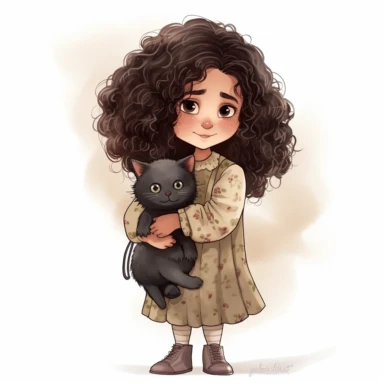 Enaya is a jubilating european 3 years old little girl with nice dark brown curly hairs. she's holds her little black kitty cat in her arms, Watercolor Clipart, full body view, strybk, full Illustration, view from her side, 4k, sharp focus, watercolor, smooth soft skin, soft lighting, detailed face, concept art, muted colors, watercolor style, strybk, children's style fairy tales, chibi kawaii, . Octane rendering, 3d. Perfect face, detailed face, delicate face, perfect sharp lips, detailed eyes.