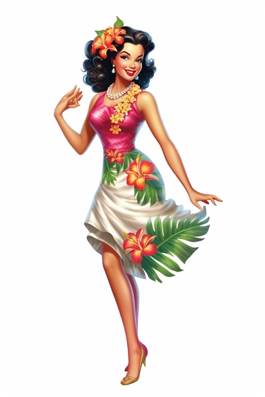 hawaiian woman on beach, retro cartoon, drawing clipart, Tropical Sublimation, Coconut Girl, Hibiscus, white background