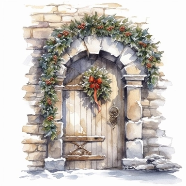 detailed watercolor clipart, photography style, beautiful christmas magic, stone wall, magical Christmas door, holly, ivy, HDR, winter snow, self shadow, white background