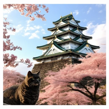 cherry blossoms laden on Osaka Castle Bottom, Siamese Cat wearing a Japanese kimono, sunset. Clipart Watercolor By Yuzo Komori. clean line, white background & space around. Bottom view