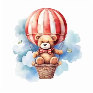 cute Teddy Bear in a hot air balloon in the clouds, clipart, watercolor, white background