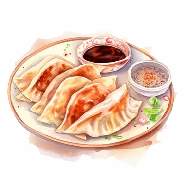 picturesque,bright luxury arrange neatly on a plate, Pan-fried gyoza dumplings with brown burnt marks, icon clipart on white background, watercolor, detailing in pastel colors, high quality, painted by Beatrix Potter, 8k,