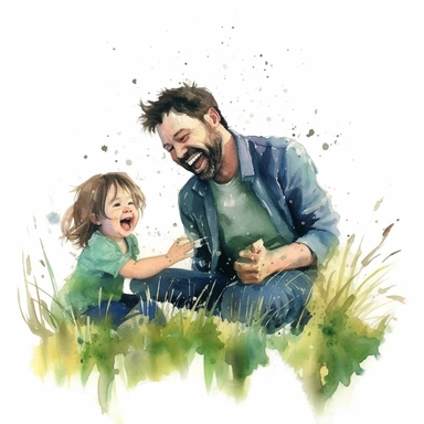 fathers day, water colour clipart, doughter and father laughter in grass, cute, happy, real,