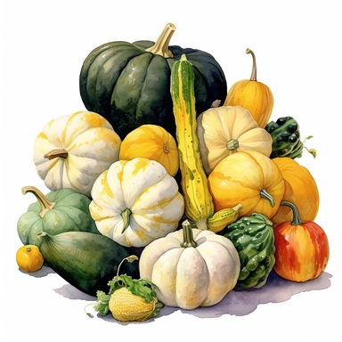 watercolor, hyper realistic, white background, white margins, 16k, ultra detailed clipart, cut out image, hand-drawn colorful squash, including butternut, acorn, and spaghetti squash, showcasing their unique shapes and textures in the style of enchanting watercolors, halloween, jerry pinkney, website, embroidery, soft mist, handcrafted designs