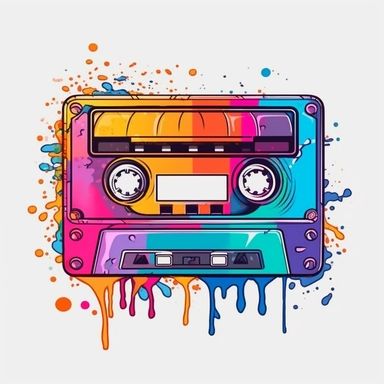 Cute Beautiful Retro 90s Color Melting cassette tape Sublimation Clipart,Cartoon, hyper realistic, intricate detail, illustration style,high solution,on the white background