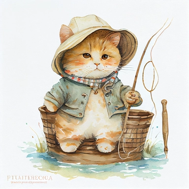cute fisherman kitty cat wearing vintage clothes, Sublimation graphics, by Beatrix Potter, Watercolor clipart, single design, print on demand image, no watermark, PNG transparent background, white background, 8k