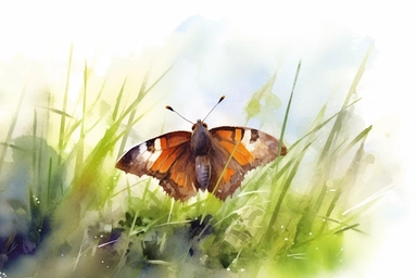 Watercolor, Generate an image of a Dun Skipper butterfly basking in the sunlight on a bed of grass, clipart, hd, on a white background, spaced out