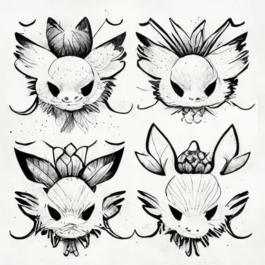 Pokémon style animal, tattoo flash sheet, separate images, black and white, sticker, line art, clipart, white border