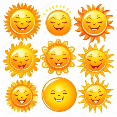 beautiful smiling sun symbols in bright orange and gold, white background, vector-style, clipart collection