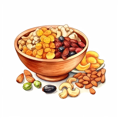 a delightful watercolor, hyper-realistic clipart image with a white background and white margins, showcasing a bowl of mixed nut trail mix with dried fruits and chocolate chips. The ultra-detailed, hand-drawn elements capture the variety of shapes, colors, and textures in the trail mix. Use whimsical touches to add a touch of adventure, and bold shades of various colors to evoke the energy and nourishment found in these portable and delicious snacks