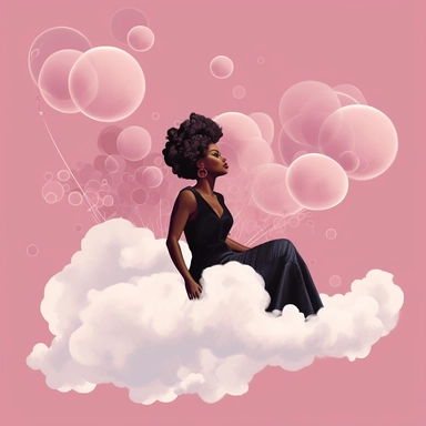 The world, the black woman falling under the clouds, pink, flying bubbles clip art