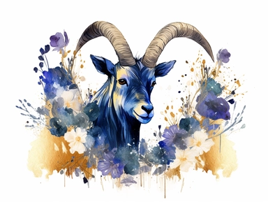 deep blue gold watercolor Mountain Goat with flowers clipart with golden metallic line and some glitter, plain background, 8k, high resolution
