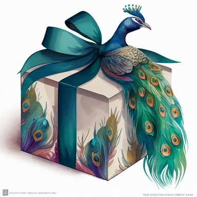 clipart watercolor flat box in peacock pattern with huge long bow on top