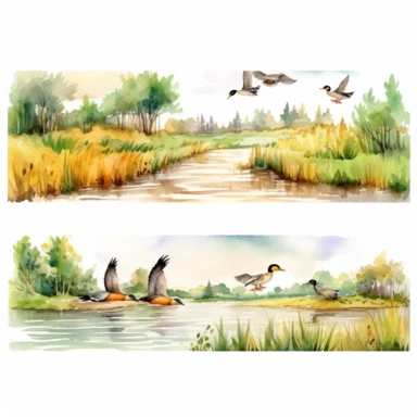 watercolor hunting scene in forest or fields with lake in vicinity where duck flocks take off in numbers , illustrations clipart set, simple, , cartoon elements ,different variants , natural elements, separate elements with a margin, ,4k, high resolution, , natural colors, vibrant green tones, birds and ducks