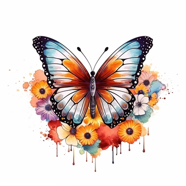 Beautiful colorful butterfly on flowers, summer vibes, hand drawing digital art, clean design, clean art, sublimation, colorful, watercolor style, white background, 4K, extremely detailed, clipart