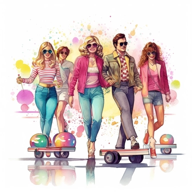 A group of friends roller skating in a retro-style rink, adorned with vibrant disco balls and colorful retro wallpaper, with the DJ playing popular tunes from the era, clipart, watercolor, white background, american style, extremely-detailed, high quality