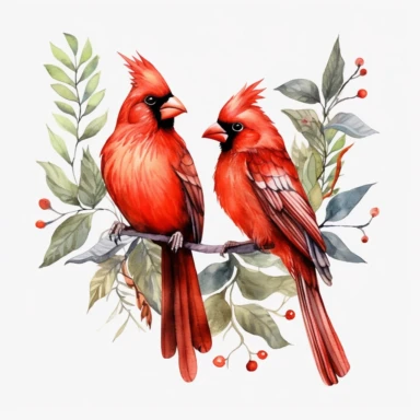 red cardinal bird couple, clipart, minimalism, watercolor, green leaves