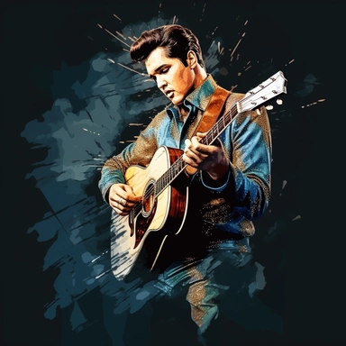 portrait view, full view, beautiful jewel colors, beautiful image of Elvis Presley with guitar and microphone, romantic, fantasy, sharp focus, high detail, 8k illustration clipart style, transparent background, (--iw 8)