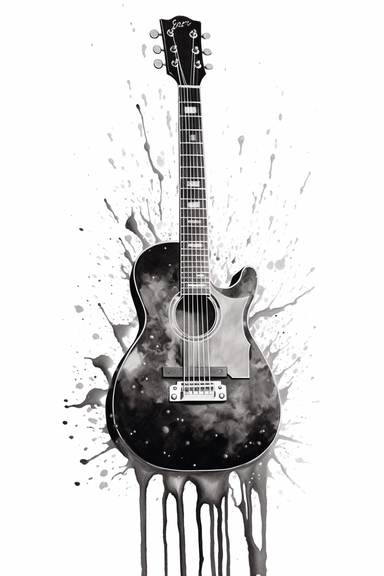 ultra sharp clip art illustration of an classic guitar, dripping rain waters, black scaled, realistic drawing with ink and charcoal