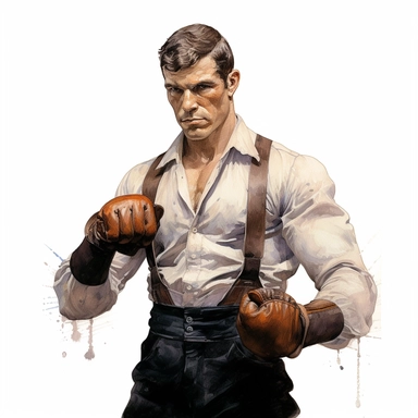 A beautifully illustrated victorian pulp fiction male fighter in varying hues ,wearing boxing gloves and muscular, extremely muscular, stunningly handsome, refined and sophisticated, Hand drawn, roberto ferri ,realistic watercolor, Clipart, watercolor, white background, intricate detail