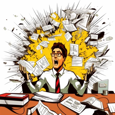 Design a clipart set depicting an office worker with an exploding mind and stacks of paperwork in the background. The office worker should be positioned on the center of the clipart with outstretched hands and a facial expression of stress and overwhelm. The exploding mind could be represented by a thought bubble with explosions, or lightbulbs bursting and scattering sparks. The paperwork in the background could be stacks of documents piled high on the desk or wall, highlighting the worker's hea