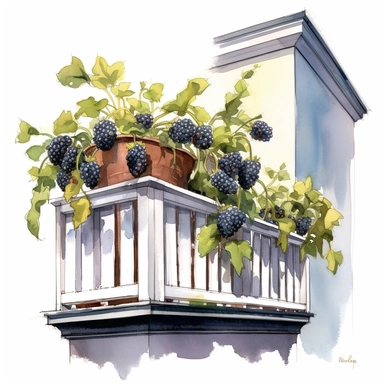 Commercial shot of ultra - realistic watercolor painting of a cute blackberry themed balcony with plants, clipart, aesthetic, good looking food, delicious, yummy, foodie, healthy, white background no text, isolated on white, watercolor illustration, award winning, strong and sharp lines