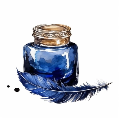 feather writing jewellery pen dark blue ink inside a container digital clipart on white background