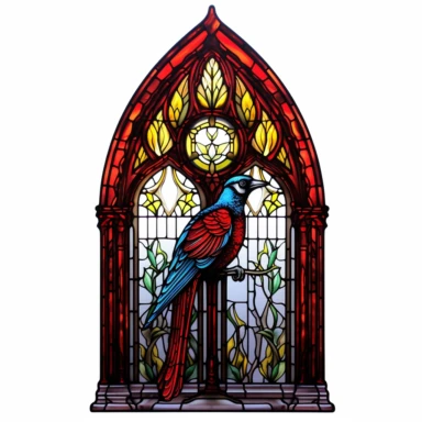 Gothic arched doorway with a stained glass-inspired woodpecker artwork clipart on a white background. Vibrant colors and intricate details bring the beauty of this bird to life. Translucent effects add depth to the artwork.