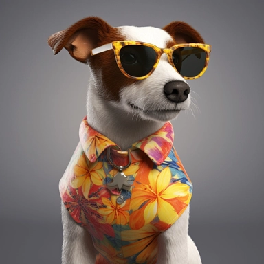 A hyper-realistic Jack Russell Terrier dog wearing a stylish Hawaiian shirt and cool sunglasses, depicted on a white background in a clip art style. Cinematic, hyper-detailed and insanely detailed, the image is beautifully colored with the help of the Unreal Engine. The depth of field (DOF) effect enhances the visual impact, while the super resolution and high megapixel count ensure exceptional image quality. Lighting is rendered with cinematic precision, incorporating anti-aliasing techniques l