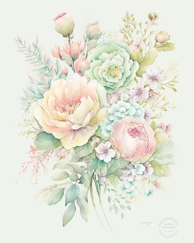 soft colorful pastel colored floral arrangement clipart, soft and subtle, colorful fairy pastel colors watercolor style, fawncore, peonies and roses, pastel green, pink dreamy pastel, dreamy pastel colors, muted pastel colors, colorful dreamy pastel pink and pastel green colorful fairy pastel pink, plain white background, use of fabric, excellent depth of shading in soft watercolor style, watercolor artwork, plain white background for transparent editing