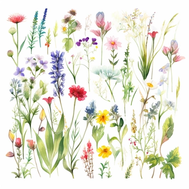 Central Element: Create a collection of standalone watercolor wildflower elements, featuring various types of wildflowers and grasses. Each element should be separate and easily cut out in Photoshop for reuse. The elements should evoke the beauty and freedom of a wildflower meadow, representing growth and exploration. Background: Use a white background for easy removal and the creation of reusable clipart.