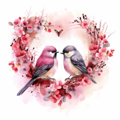 Romantic Clipart, Anniversary Celebration, Heart Wreath, Love Elements, Red and Pink Colors, Wedding Rings, Lovebirds, Watercolor, single design,