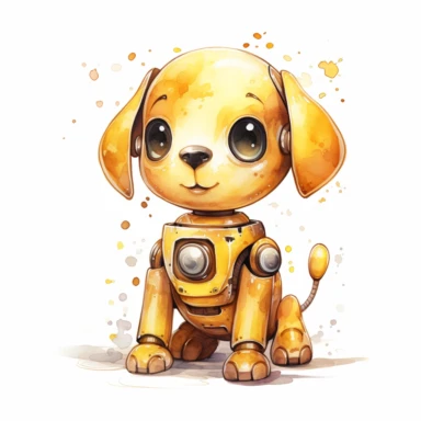 watercolor kawaii yellow robot dog clipart on a white background