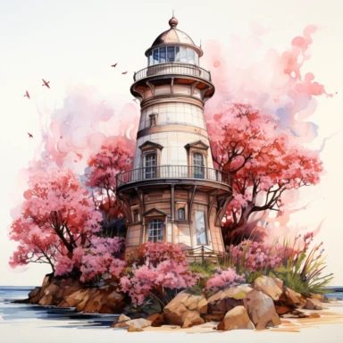 Cute Beautiful Pastel Floral Lighthouse Clipart, Watercolor, hyper realistic, intricate detail, illustration style, high resolution, on the white background