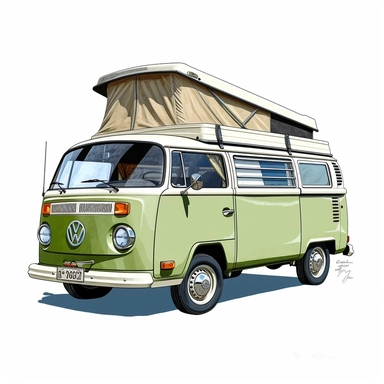 in clipart style, A meticulously crafted illustration of a Green 1970 Volkswagen Westfalia Camper with a raised roof highlighting its iconic design and graceful contours, placed against pure white background (style: evoking the accuracy and refinement of classic automobile blueprints) (lighting: deliberate, directional lighting, casting gentle highlights and shadows on the car's structure) (colors: an elegant palette of red for the Volkswagen's body set against a pristine, white backdrop) (compo