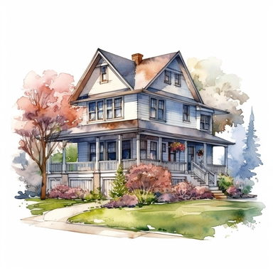watercolor, craftsman house with front porch and a front-yard full of blooming flowers, lush grass lawn, beautiful illustration, good composition, clipart, contour, isolated white background, unreal engine