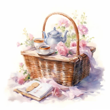 Victorian Tea Picnic in the Park Wicker baskets gingham blankets and laughter in the air clipart isolated on clean white background, soft pastel colors, in style of Willem Haenraets in the style of realistic watercolors, feminine sensibilities, detailed illustrations, made of all of the above, isolated on white background
