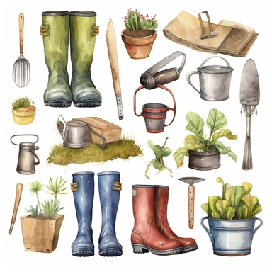 watercolor clipart, items for gardening, trowel, watering can, shovel, gloves, boots, seed packets, detailed, up close