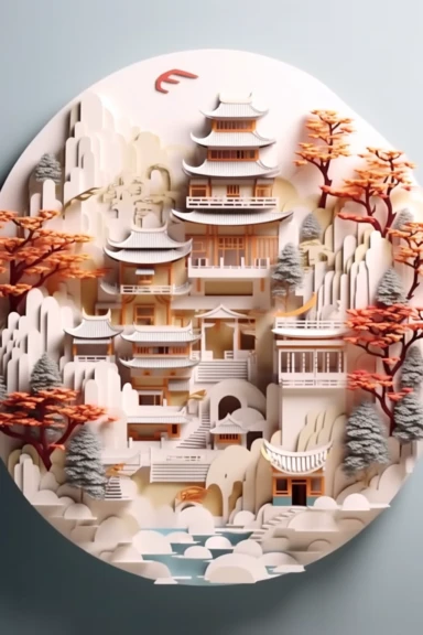 Ancient Chinese architecture landscape scenes, multidimensional paper style, fantastic gradient color, amazing works of art, multidimensional paper craft, soft colors, fisheye images, visual impact, 8 k images, art, dreamy, clipart, vision, bright color, oc rendering, 3 d relief, the figure in the face