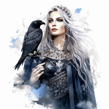 Mhytologic style beautiful impressive silver long haired goddess woman wearing warrior dressed and a raven posited on her hand with watercolor effect,suitable for digital clipart,white background,many twinkles,celtic mhytology scene,warrior style,detailed features,hero style