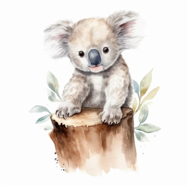koala bear sitting on tree watercolor clipart, white background