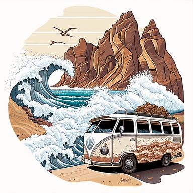 Visualize an awe-inspiring moment: a van cruising along a massive wave, surfboards displaying intricate designs, surrounded by breathtaking cliffs and a pristine sandy beach, against a clean white backdrop, mystical, illustration style, white background, clipart, PNG pure white background, high resolution, hyper detailed, best quality, high detailed illustration