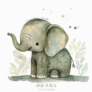 cute animal wall clipart, baby elephant in the style of atmospheric watercolor organic designs, soft and dreamy, dark silver and light green, beige storybook illustration, plush doll art on subtle background