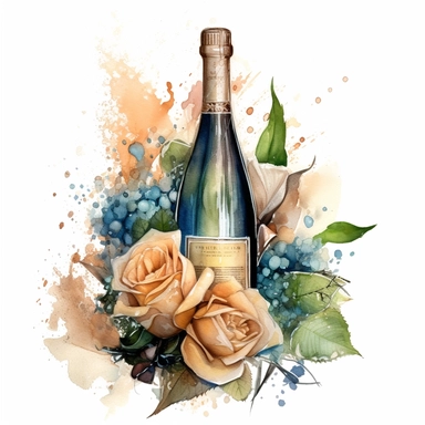 Watercolor a drawing of a bottle of champagne near a rose, in the style of nene thomas, grandiose composition, pascal blanché clipart, hd, detailed, on white background, spaced out