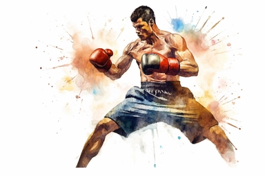 Watercolor, Generate an image of a boxer dodging punches and counter-attacking clipart, hd, on a white background, spaced out