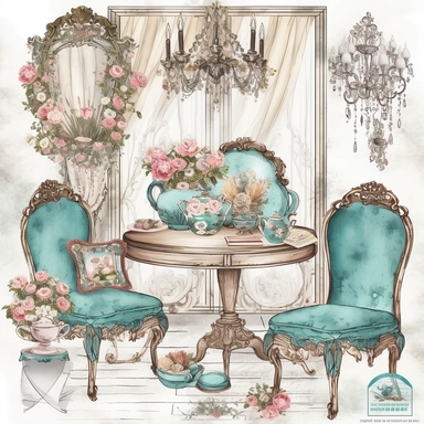 Make a clipart of a shabby chic, fairytale watercolor vintage breakfast nook, bright pastel colors of turquoise, green and pink, rococo, black outlines, hd, white background