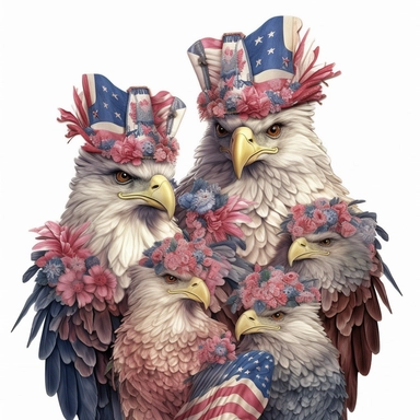 digital clipart, solid white background, a realistic family of martial patriotic eagle wearing 4th July apparel