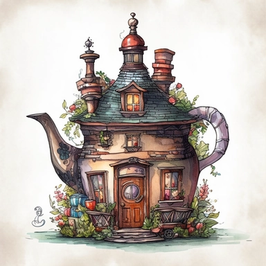 a Teapot House watercolor Clipart sublimation clipart graphic, full body, clipart, sticker, a single picture, cartoon style, highly detailed, 8k, one image in the frame--no text in the picture--